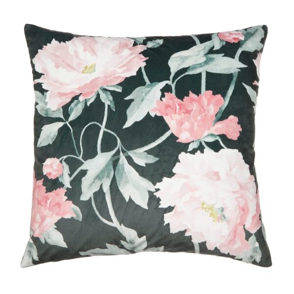 Peony Smoke Grey Printed Velvet Cushion 50x50cm