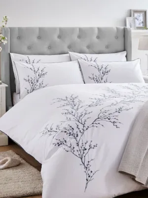 Pussy Willow Sprig Embroidered Midnight Duvet Cover And Pillowcase Set 137x200
