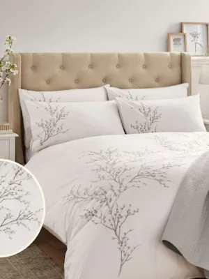 Laura Ashley Pussy Willow Dove Grey Sprig Embroidered Duvet Cover And Pillowcase Set 137x200