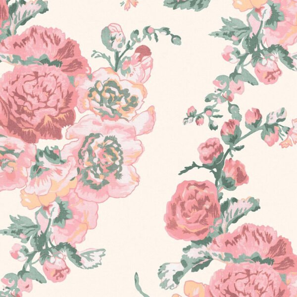 WALLPAPER HOLLYHOCKS COLOR CORAL PINK, MATTE FINISH