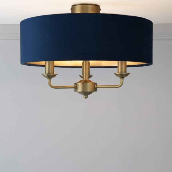 Sorrento ceiling lamp with 3 lights, matte aged bronze and blue shade